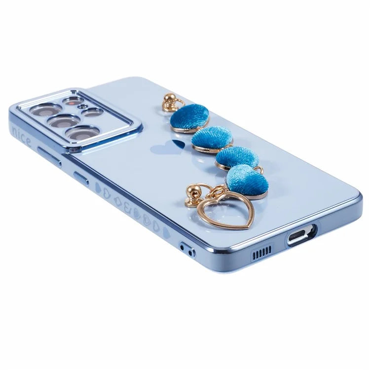 For Samsung Galaxy S21 Ultra 5G Case Electroplating TPU Phone Cover with Plush Love-Heart Strap