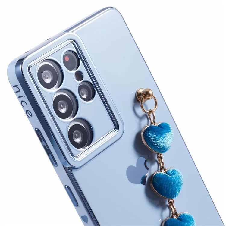 For Samsung Galaxy S21 Ultra 5G Case Electroplating TPU Phone Cover with Plush Love-Heart Strap