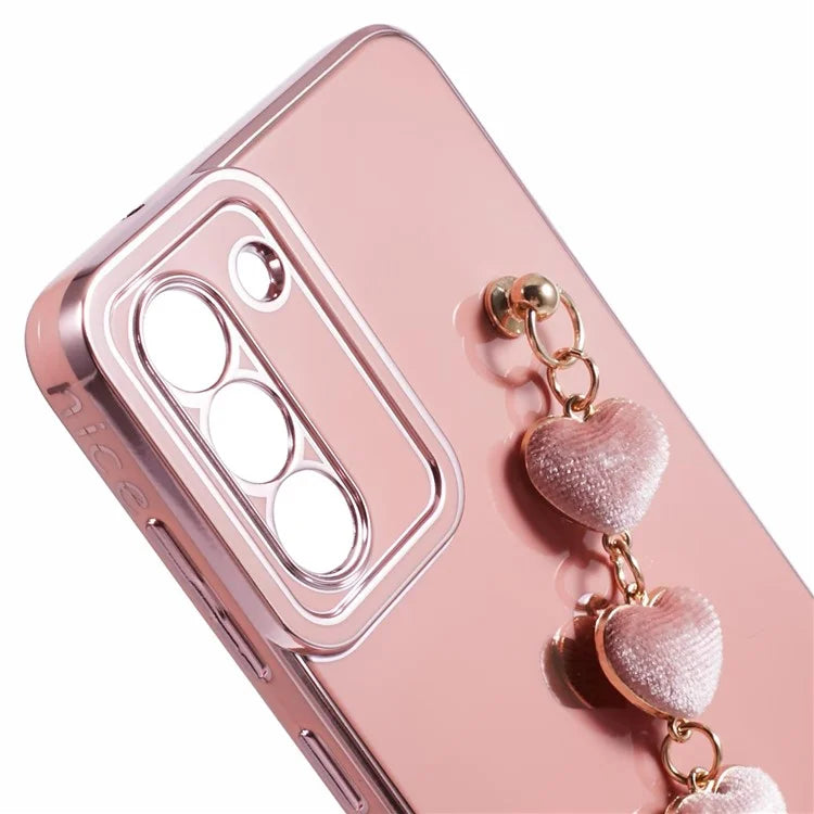 For Samsung Galaxy S21 FE 5G TPU Case Heart Pattern Electroplating Phone Cover with Strap