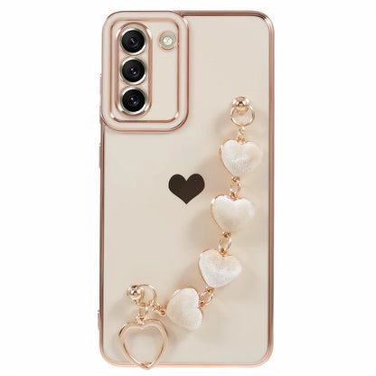 For Samsung Galaxy S21 FE 5G TPU Case Heart Pattern Electroplating Phone Cover with Strap
