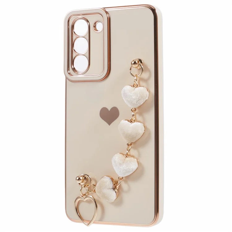 For Samsung Galaxy S21 FE 5G TPU Case Heart Pattern Electroplating Phone Cover with Strap