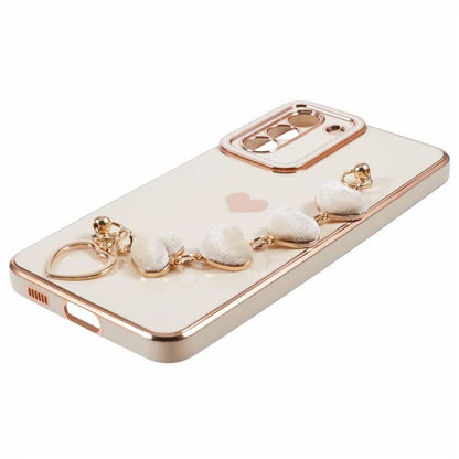 For Samsung Galaxy S21 FE 5G TPU Case Heart Pattern Electroplating Phone Cover with Strap