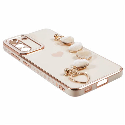 For Samsung Galaxy S21 FE 5G TPU Case Heart Pattern Electroplating Phone Cover with Strap