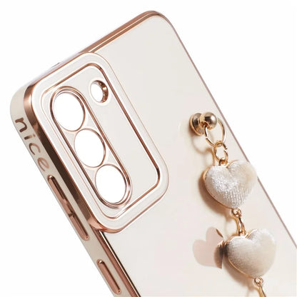 For Samsung Galaxy S21 FE 5G TPU Case Heart Pattern Electroplating Phone Cover with Strap