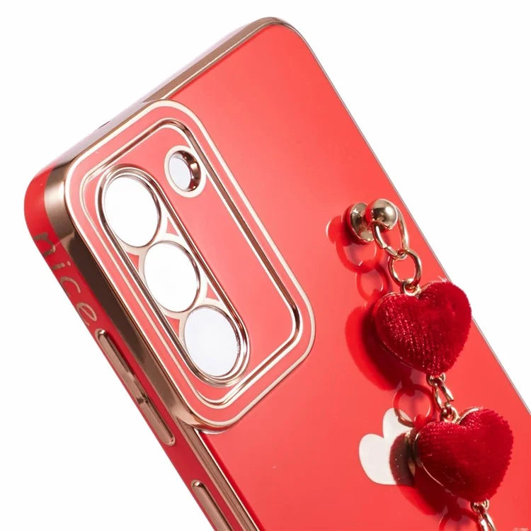 For Samsung Galaxy S21 FE 5G TPU Case Heart Pattern Electroplating Phone Cover with Strap