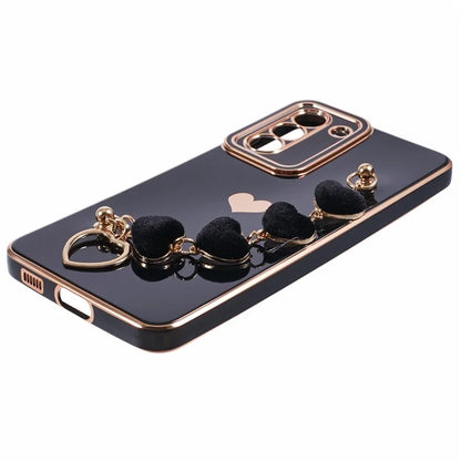 For Samsung Galaxy S21 FE 5G TPU Case Heart Pattern Electroplating Phone Cover with Strap