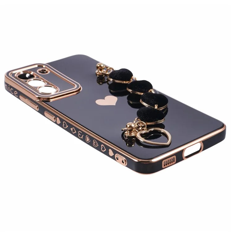 For Samsung Galaxy S21 FE 5G TPU Case Heart Pattern Electroplating Phone Cover with Strap