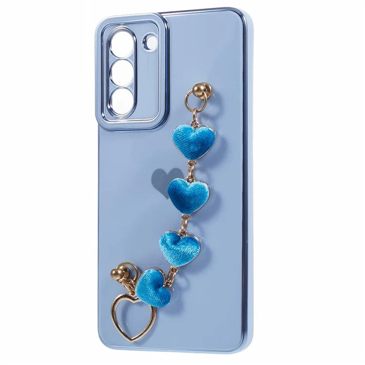 For Samsung Galaxy S21 FE 5G TPU Case Heart Pattern Electroplating Phone Cover with Strap