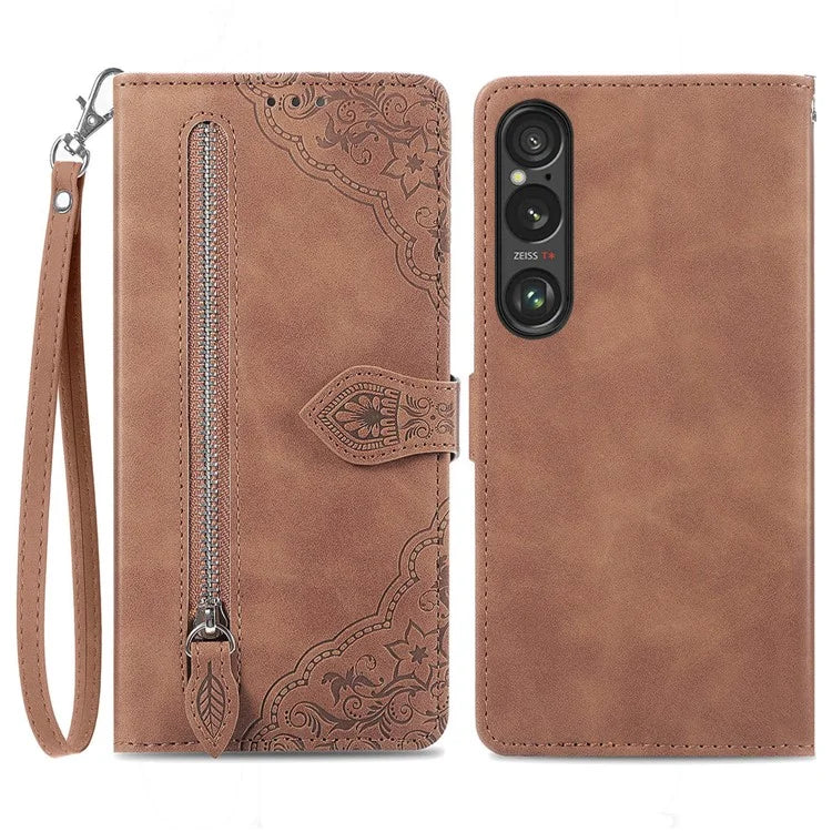 For Sony Xperia 1 VI Case Flower Zipper Flip Shockproof Leather Phone Cover