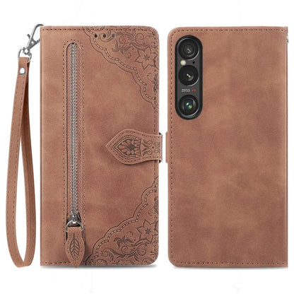 For Sony Xperia 1 VI Case Flower Zipper Flip Shockproof Leather Phone Cover