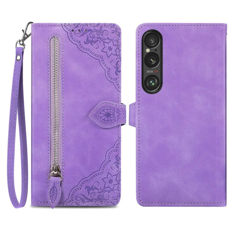 For Sony Xperia 1 VI Case Flower Zipper Flip Shockproof Leather Phone Cover