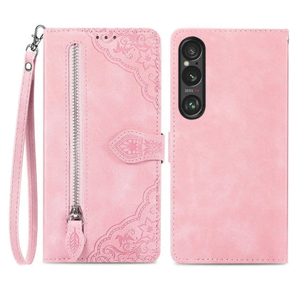 For Sony Xperia 1 VI Case Flower Zipper Flip Shockproof Leather Phone Cover
