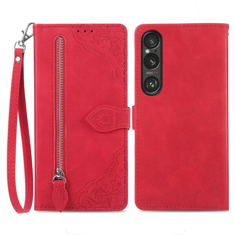For Sony Xperia 1 VI Case Flower Zipper Flip Shockproof Leather Phone Cover