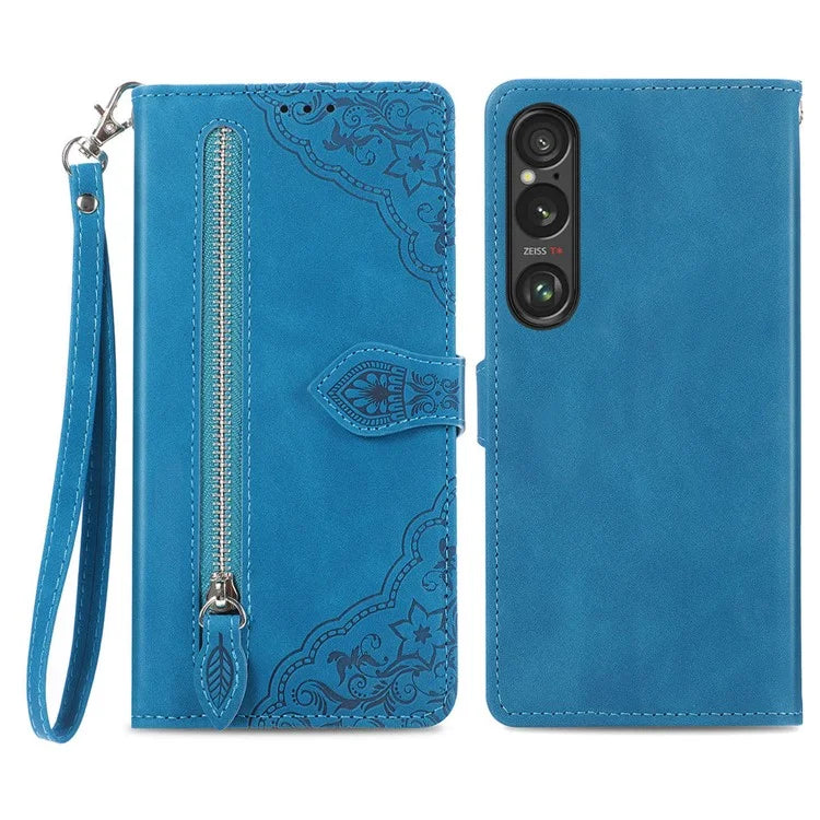 For Sony Xperia 1 VI Case Flower Zipper Flip Shockproof Leather Phone Cover