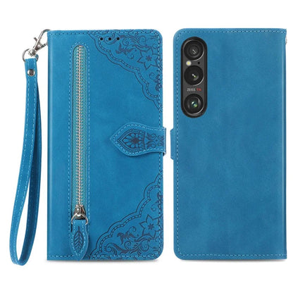 For Sony Xperia 1 VI Case Flower Zipper Flip Shockproof Leather Phone Cover