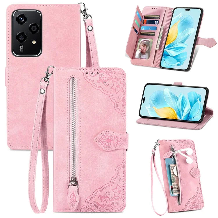 For Honor 200 Lite Case Zipper Wallet Leather Floral Phone Cover with Hand Strap