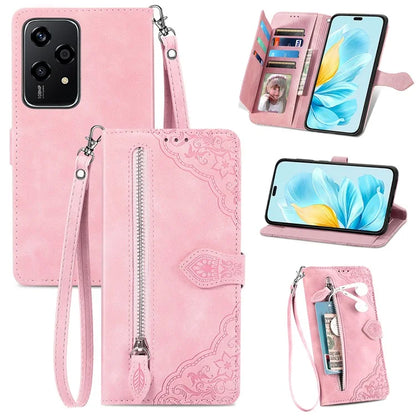 For Honor 200 Lite Case Zipper Wallet Leather Floral Phone Cover with Hand Strap