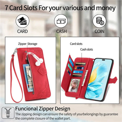 For Honor 200 Lite Case Zipper Wallet Leather Floral Phone Cover with Hand Strap