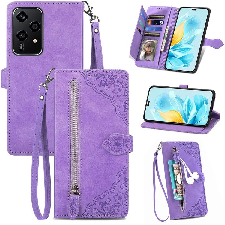 For Honor 200 Lite Case Zipper Wallet Leather Floral Phone Cover with Hand Strap