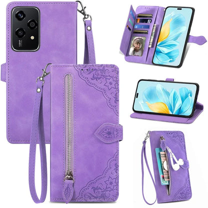 For Honor 200 Lite Case Zipper Wallet Leather Floral Phone Cover with Hand Strap