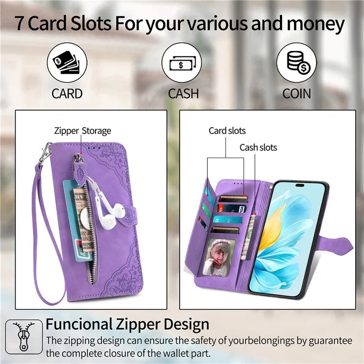 For Honor 200 Lite Case Zipper Wallet Leather Floral Phone Cover with Hand Strap