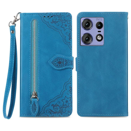 For Motorola Edge 50 Pro 5G Case Zipper Pocket Wrsit Strap Flower Leather Phone Cover