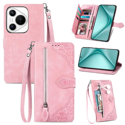 For Huawei Pura 70 Case Flower Imprint Shockproof Leather Phone Cover with Zipper Wallet