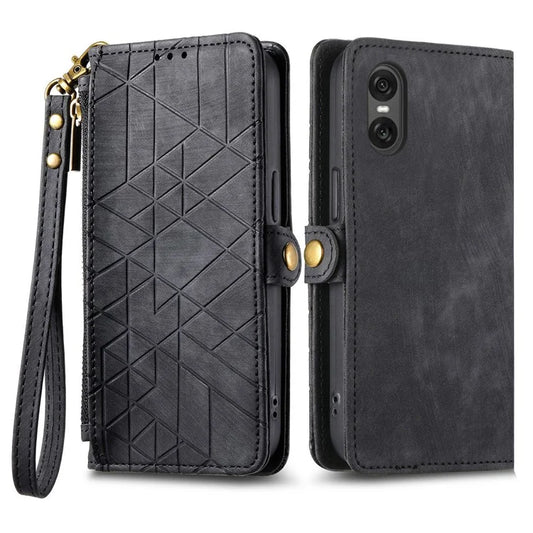 For Sony Xperia 10 VI Case Geometry Leather Card Slots Zipper Pocket Handbag Phone Cover