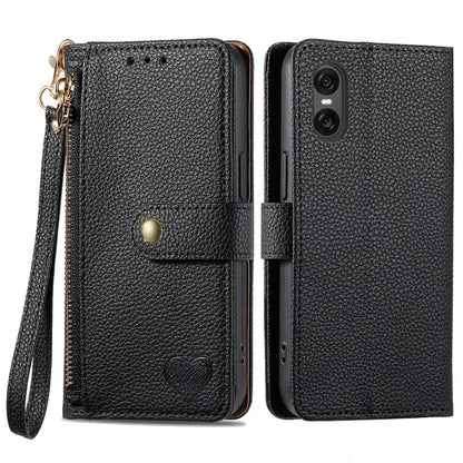 For Sony Xperia 10 VI Case PU Leather RFID Blocking Zipper Phone Cover Heart Pattern
