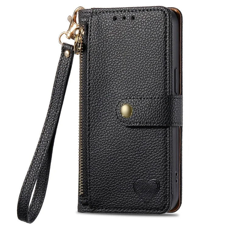 For Sony Xperia 10 VI Case PU Leather RFID Blocking Zipper Phone Cover Heart Pattern