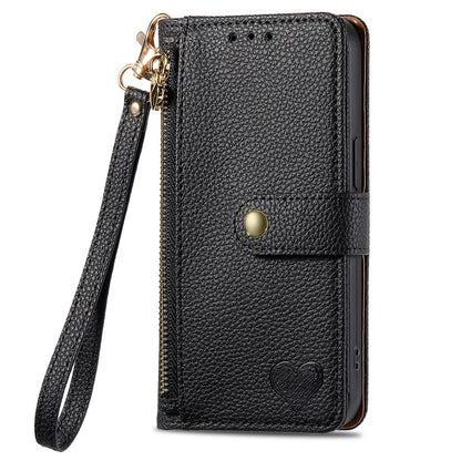 For Sony Xperia 10 VI Case PU Leather RFID Blocking Zipper Phone Cover Heart Pattern