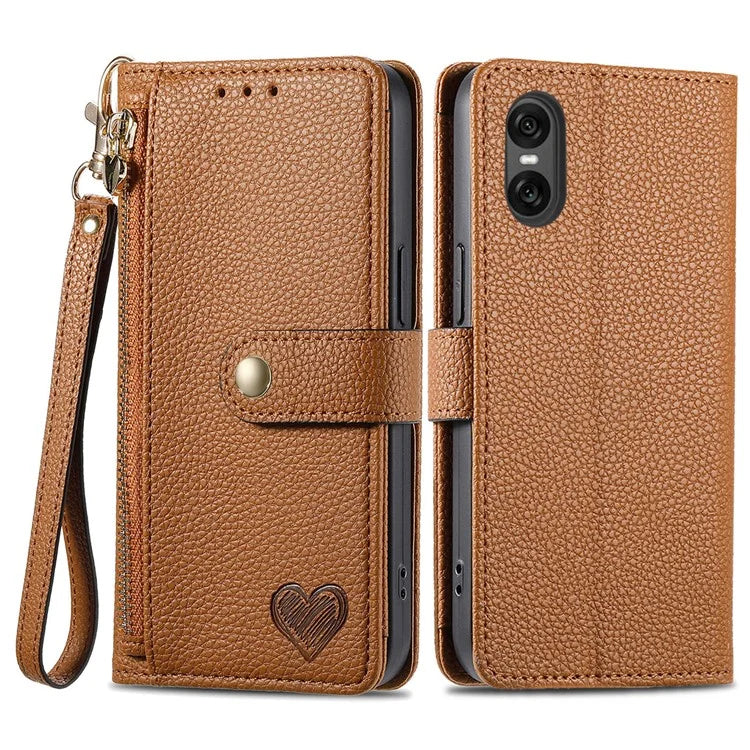 For Sony Xperia 10 VI Case PU Leather RFID Blocking Zipper Phone Cover Heart Pattern
