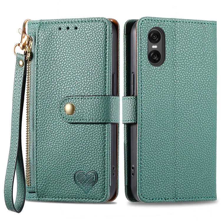 For Sony Xperia 10 VI Case PU Leather RFID Blocking Zipper Phone Cover Heart Pattern