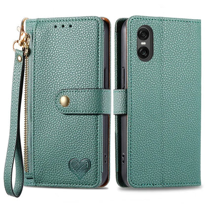 For Sony Xperia 10 VI Case PU Leather RFID Blocking Zipper Phone Cover Heart Pattern