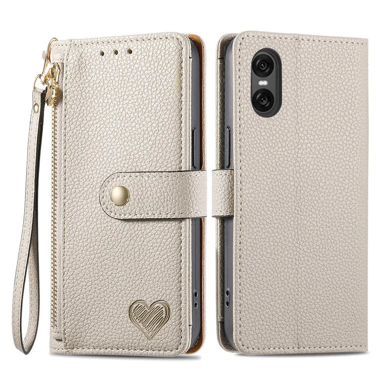 For Sony Xperia 10 VI Case PU Leather RFID Blocking Zipper Phone Cover Heart Pattern