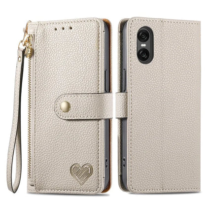 For Sony Xperia 10 VI Case PU Leather RFID Blocking Zipper Phone Cover Heart Pattern