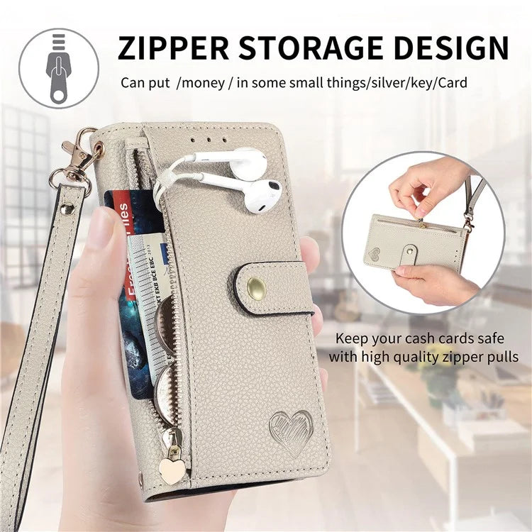 For Sony Xperia 10 VI Case PU Leather RFID Blocking Zipper Phone Cover Heart Pattern