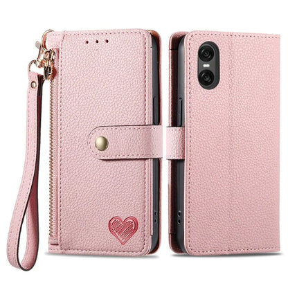 For Sony Xperia 10 VI Case PU Leather RFID Blocking Zipper Phone Cover Heart Pattern
