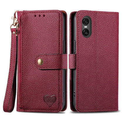 For Sony Xperia 10 VI Case PU Leather RFID Blocking Zipper Phone Cover Heart Pattern