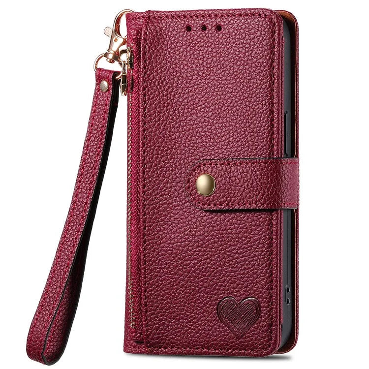 For Sony Xperia 10 VI Case PU Leather RFID Blocking Zipper Phone Cover Heart Pattern