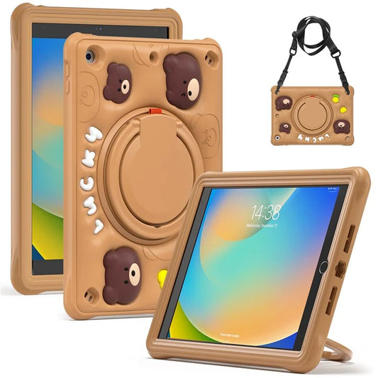 For iPad 10.2 (2021) / (2020) / (2019) Case Cartoon Bear Silicone Kickstand Tablet Cover with Strap