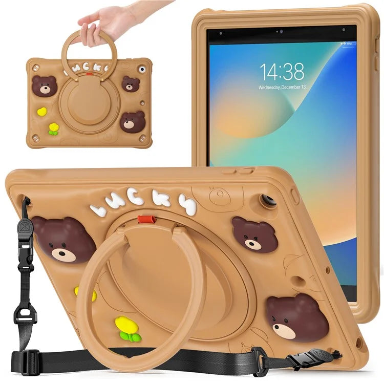 For iPad 10.2 (2021) / (2020) / (2019) Case Cartoon Bear Silicone Kickstand Tablet Cover with Strap
