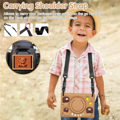 For iPad 10.2 (2021) / (2020) / (2019) Case Cartoon Bear Silicone Kickstand Tablet Cover with Strap