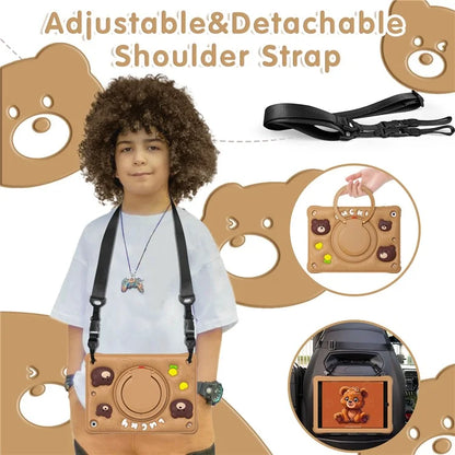 For iPad 10.2 (2021) / (2020) / (2019) Case Cartoon Bear Silicone Kickstand Tablet Cover with Strap