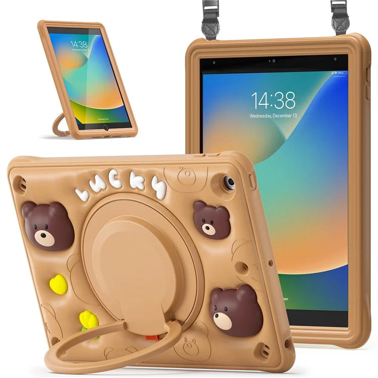 For iPad 10.2 (2021) / (2020) / (2019) Case Cartoon Bear Silicone Kickstand Tablet Cover with Strap