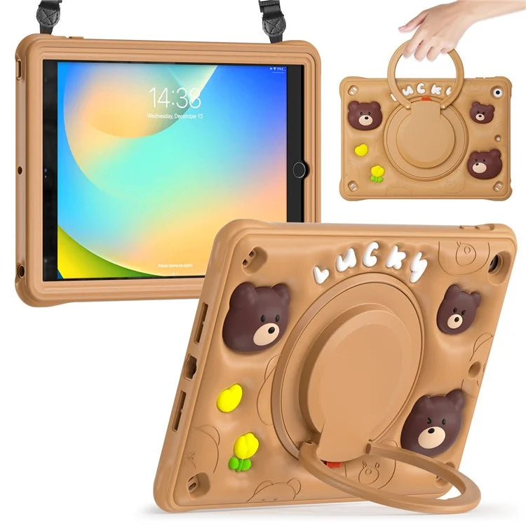 For iPad 10.2 (2021) / (2020) / (2019) Case Cartoon Bear Silicone Kickstand Tablet Cover with Strap