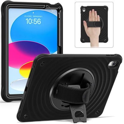 For iPad 10.9 (2022) Case Hand Strap Kickstand PC+Silicone+TPU Tablet Cover Round Ripples