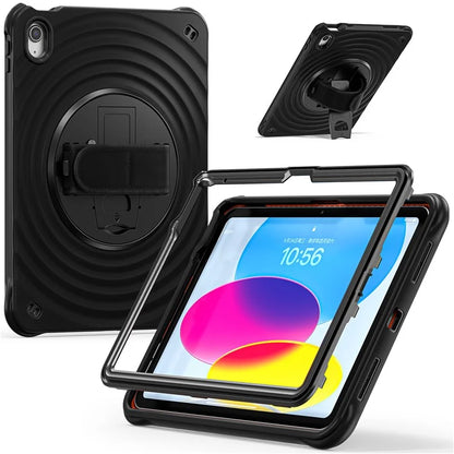 For iPad 10.9 (2022) Case Hand Strap Kickstand PC+Silicone+TPU Tablet Cover Round Ripples