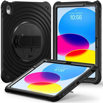 For iPad 10.9 (2022) Case Hand Strap Kickstand PC+Silicone+TPU Tablet Cover Round Ripples
