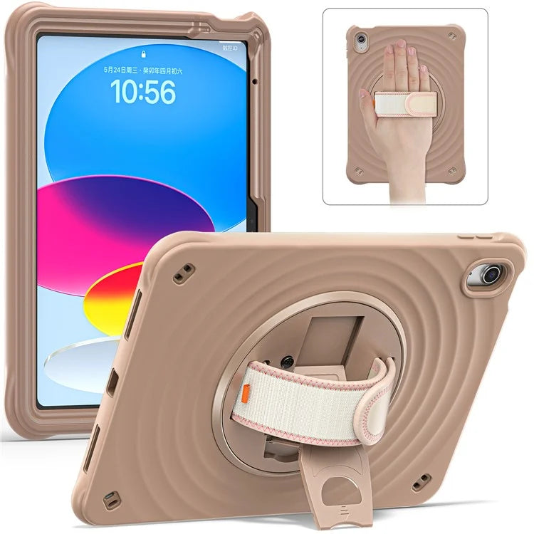 For iPad 10.9 (2022) Case Hand Strap Kickstand PC+Silicone+TPU Tablet Cover Round Ripples